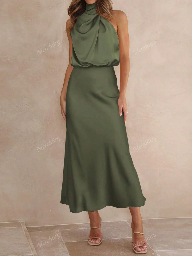 Vestido Zurique Midi de Cetim – Gola Alta e Cintura Marcada