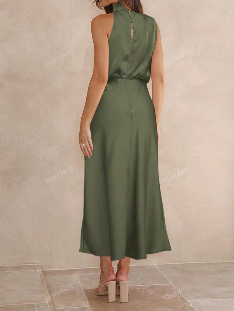 Vestido Zurique Midi de Cetim – Gola Alta e Cintura Marcada