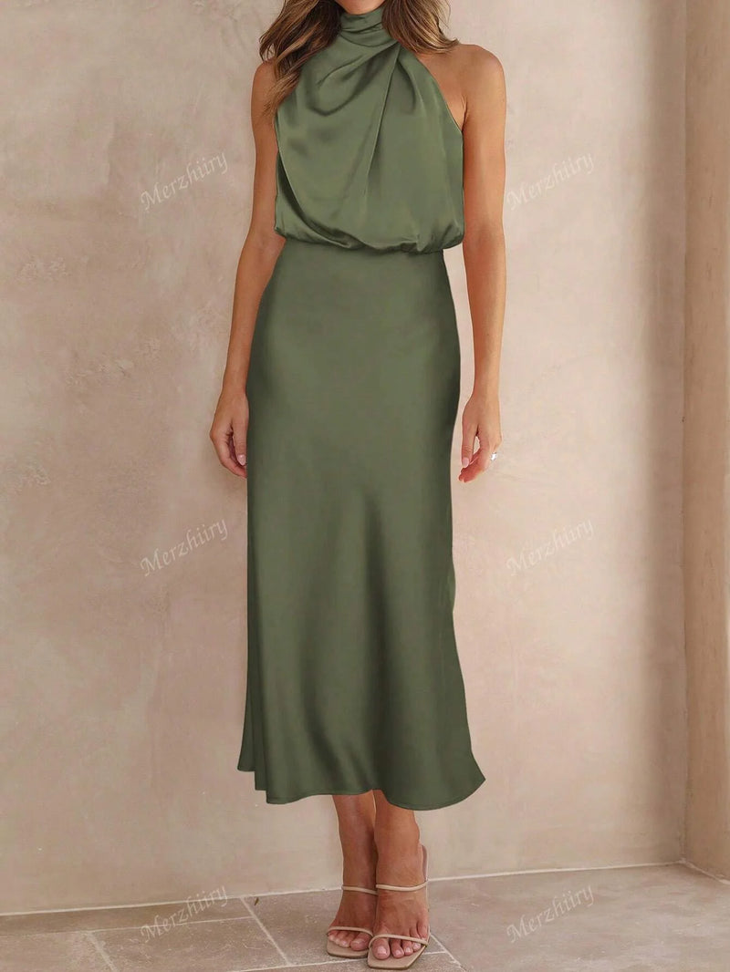 Vestido Zurique Midi de Cetim – Gola Alta e Cintura Marcada