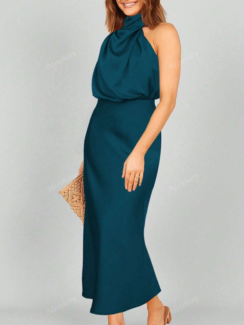 Vestido Zurique Midi de Cetim – Gola Alta e Cintura Marcada