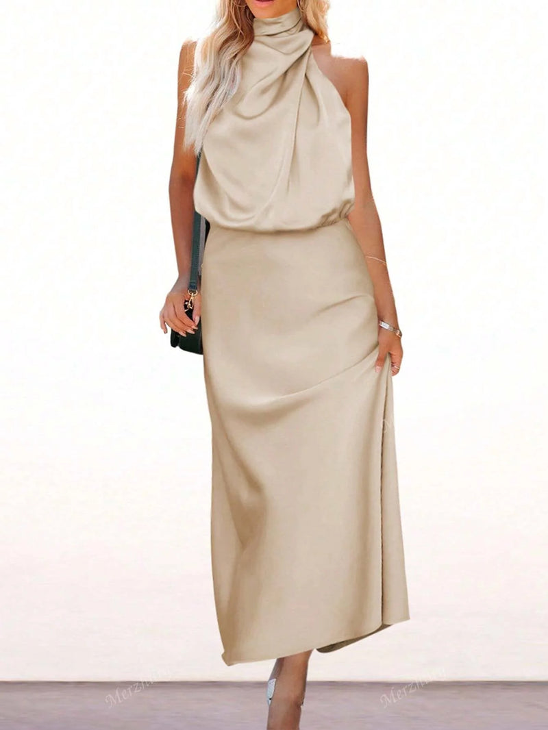 Vestido Zurique Midi de Cetim – Gola Alta e Cintura Marcada