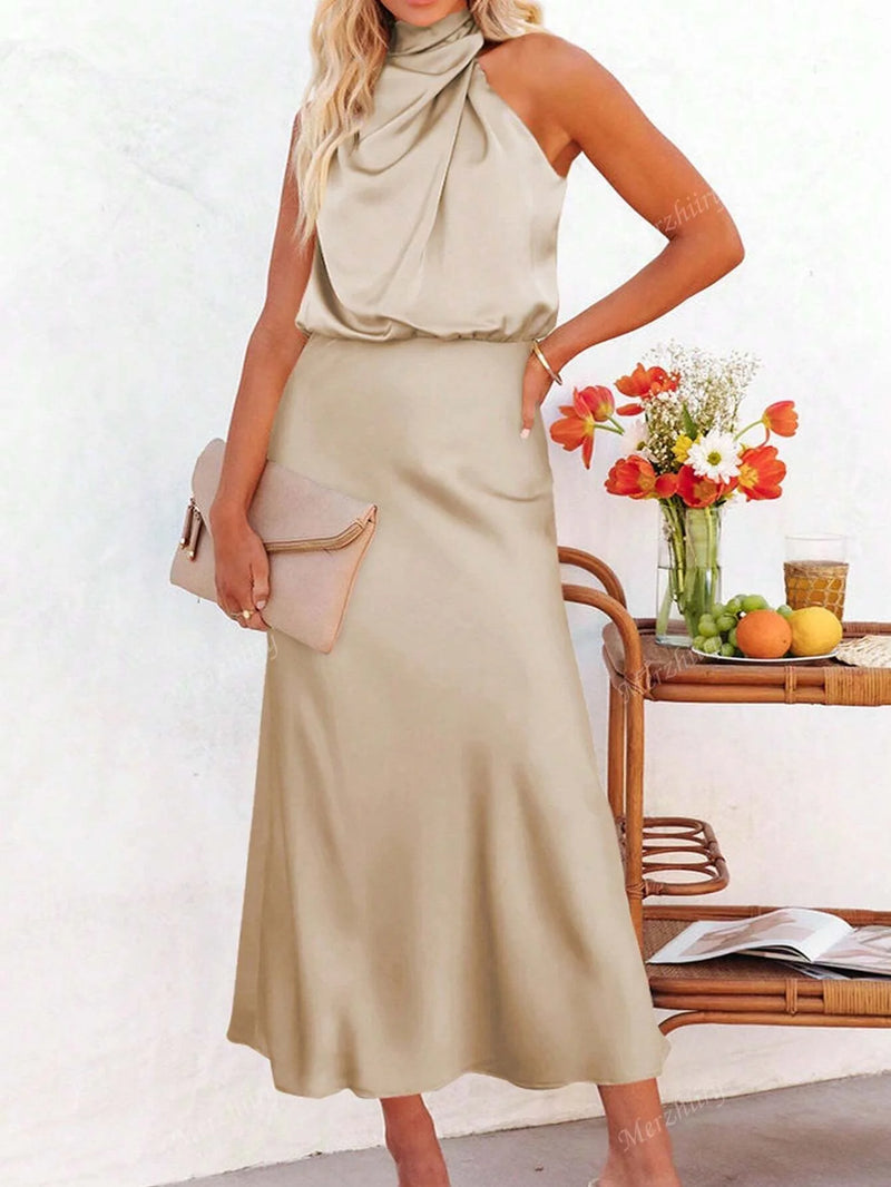 Vestido Zurique Midi de Cetim – Gola Alta e Cintura Marcada