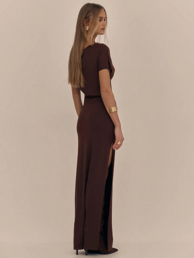 Vestido Cairo - Vestido Longo Assimétrico com Fenda e Drapeado - Menta Chic